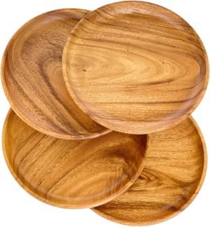 Goodsright Decor Acacia Wood Plates, Handcrafted, Durable, Shatter-Proof, Set of 4, for Dining Platters ?C Eco-Friendly, Natural, Sustainable, Rustic, Beautiful Wood Grains, 12" Diameter