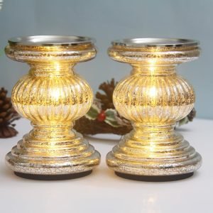 Goodsright Decor Mercury Glass Pillar Candle Pedestal Holders with Lights Set of 2,Candle Holder for Pillar Candle,Candlestick Holders,Perfect Decoration for Wedding Home Dining Table Xmas (Gold)