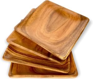 81mAO7z5BfL._AC_SL1500 Goodsright Decor Acacia Wood Dinner Plates - Rustic, Eco-Friendly Square Set of 4 Durable Wooden Plates for Dining, Handmade Unique, Natural, Sustainable Dinnerware, Size: 10" x 10"