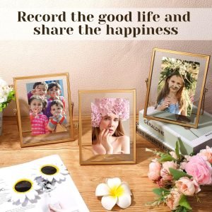 Goodsright Decor 9 Pieces Glass Picture Frame Metal Floating Frame Photo Frame Pressed Glass Photo Frame Vintage Brass Picture Frame Metal Geometric Picture Frame Desk Vertical Frame, 4 x 6 Inch (Gold)