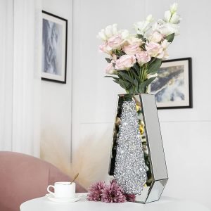 Goodsright Decor Crushed Diamond Mirrored Flower Vase Large Glass Vase Modern Crystal Decorative Mirror Vases Stunning Luxury Tall Floor Vase for Centerpieces Flowers Home Decor, Silver, 14" H. Can??t Hold Water.