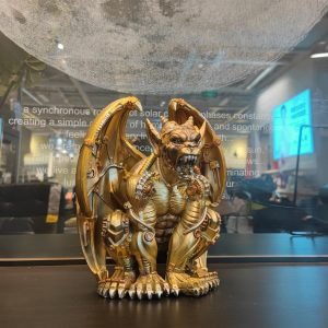 Goodsright Decor Steampunk Dungeon Roaring Gargoyle Gothic Statue Resin Gothic Sculpture Cyborg Sci-fi Collectible Figurine with Cool Gear for Home Table Book Shelf Man Cave Decor Gold