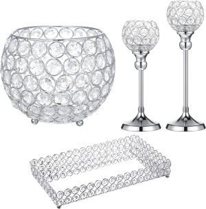Goodsright Decor 4 Packs Crystal Candle Holders Centerpieces Table Decorations, Crystal Tea Lights Candelabras, Centerpiece Table Mirror Tray, for Vase Decoration, Wedding Centerpieces Tables Decoration (Silver)