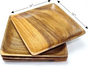 91NFhSlPaLL._AC_SL1500 Goodsright Decor Acacia Wood Dinner Plates - Rustic, Eco-Friendly Square Set of 4 Durable Wooden Plates for Dining, Handmade Unique, Natural, Sustainable Dinnerware, Size: 10" x 10"