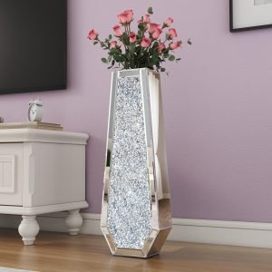 Goodsright Decor Crushed Diamond Mirrored Flower Vase Large Glass Vase Modern Crystal Decorative Mirror Vases Stunning Luxury Tall Floor Vase for Centerpieces Flowers Home Decor, Silver, 14" H. Can??t Hold Water.